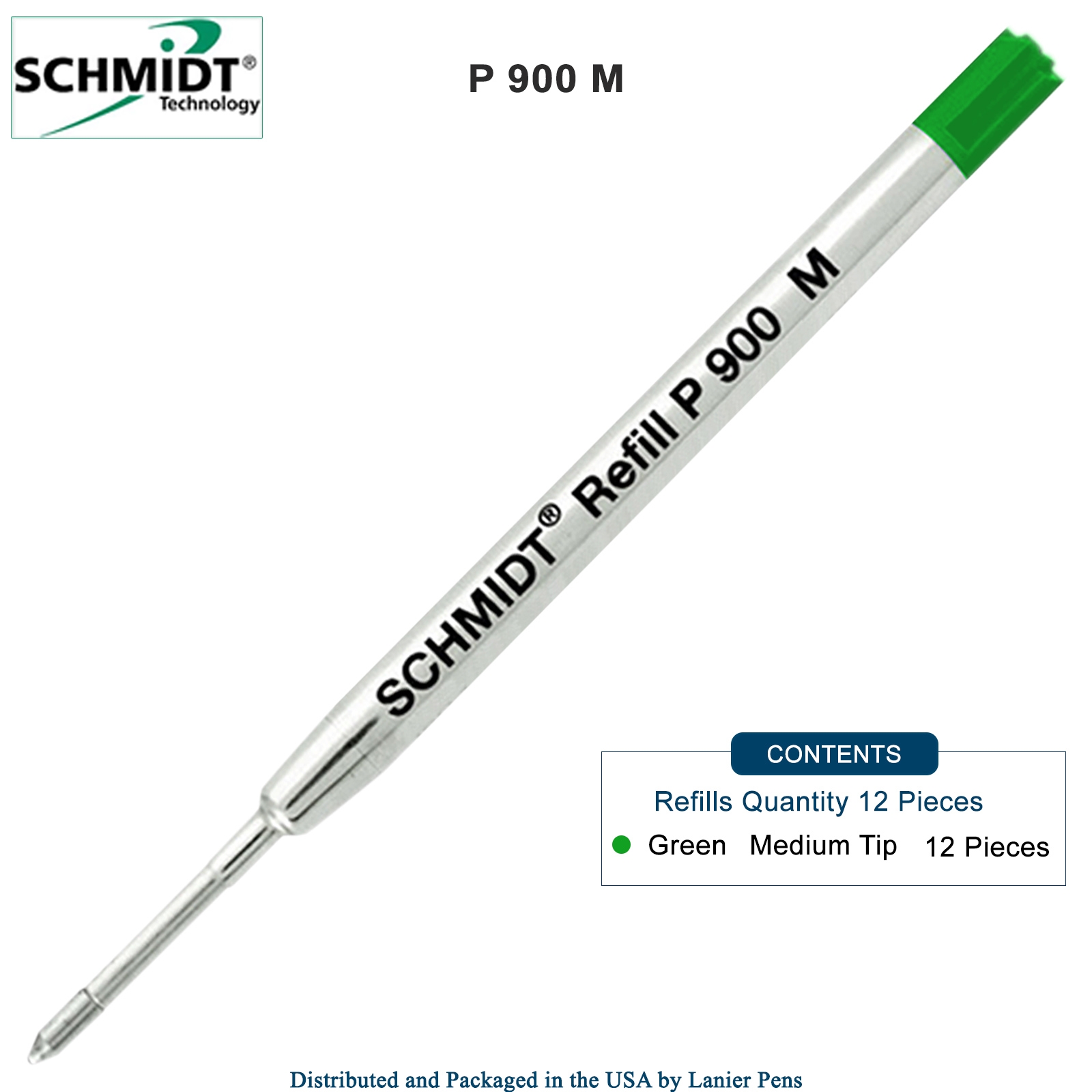 12 Pack - Schmidt P900 Green Medium Nib Parker Style Ballpoint Refill