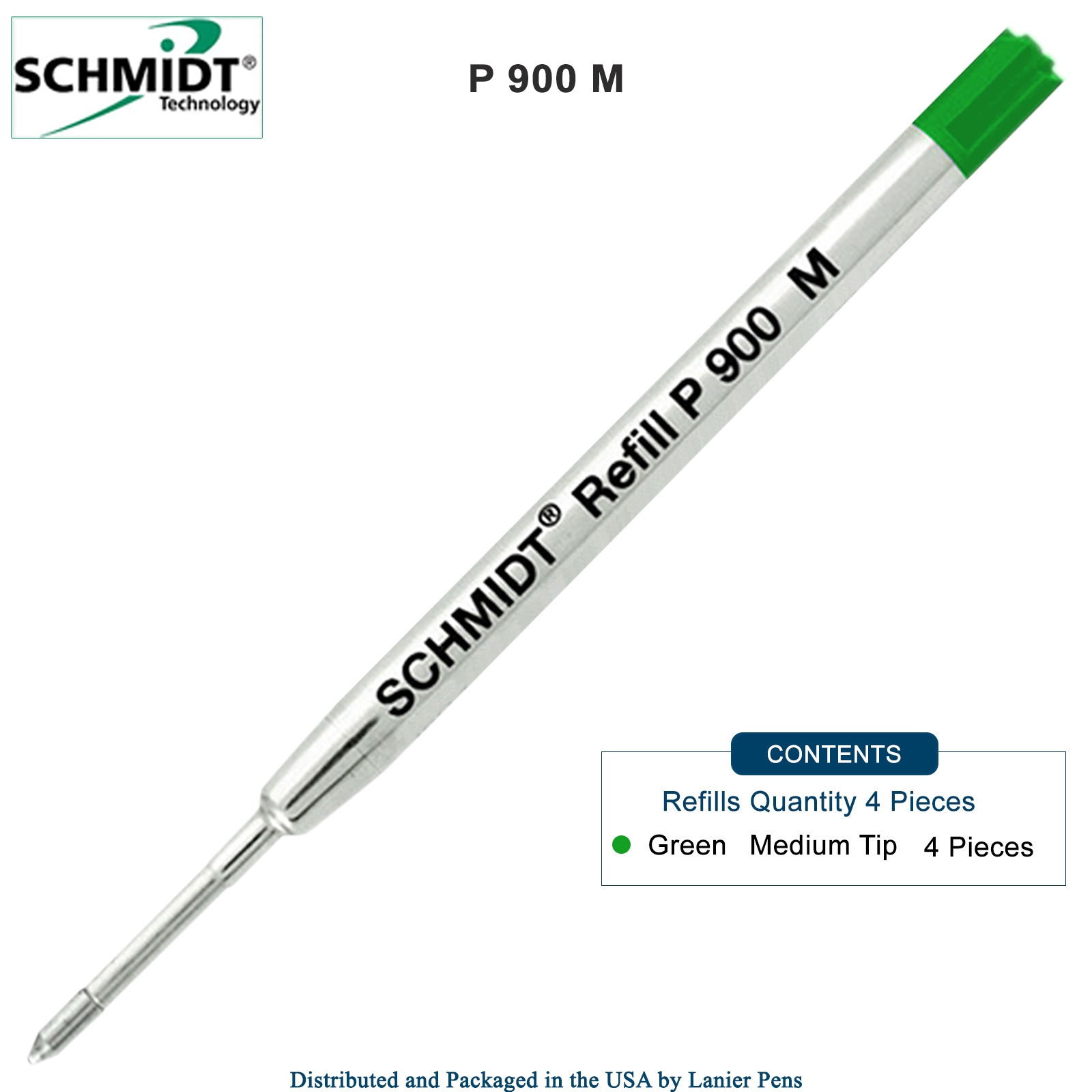 4 Pack - Schmidt P900 Green Medium Nib Parker Style Ballpoint Refill