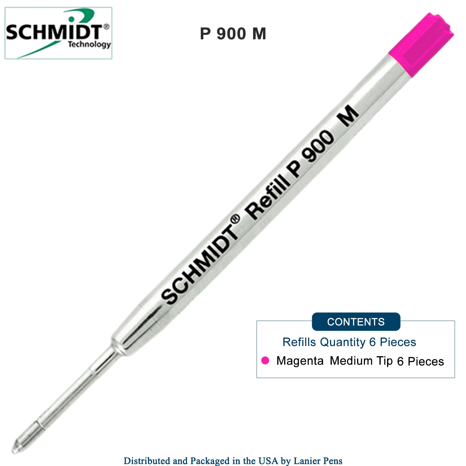 6 Pack - Schmidt P900 Magenta Medium Nib Parker Style Ballpoint Refill