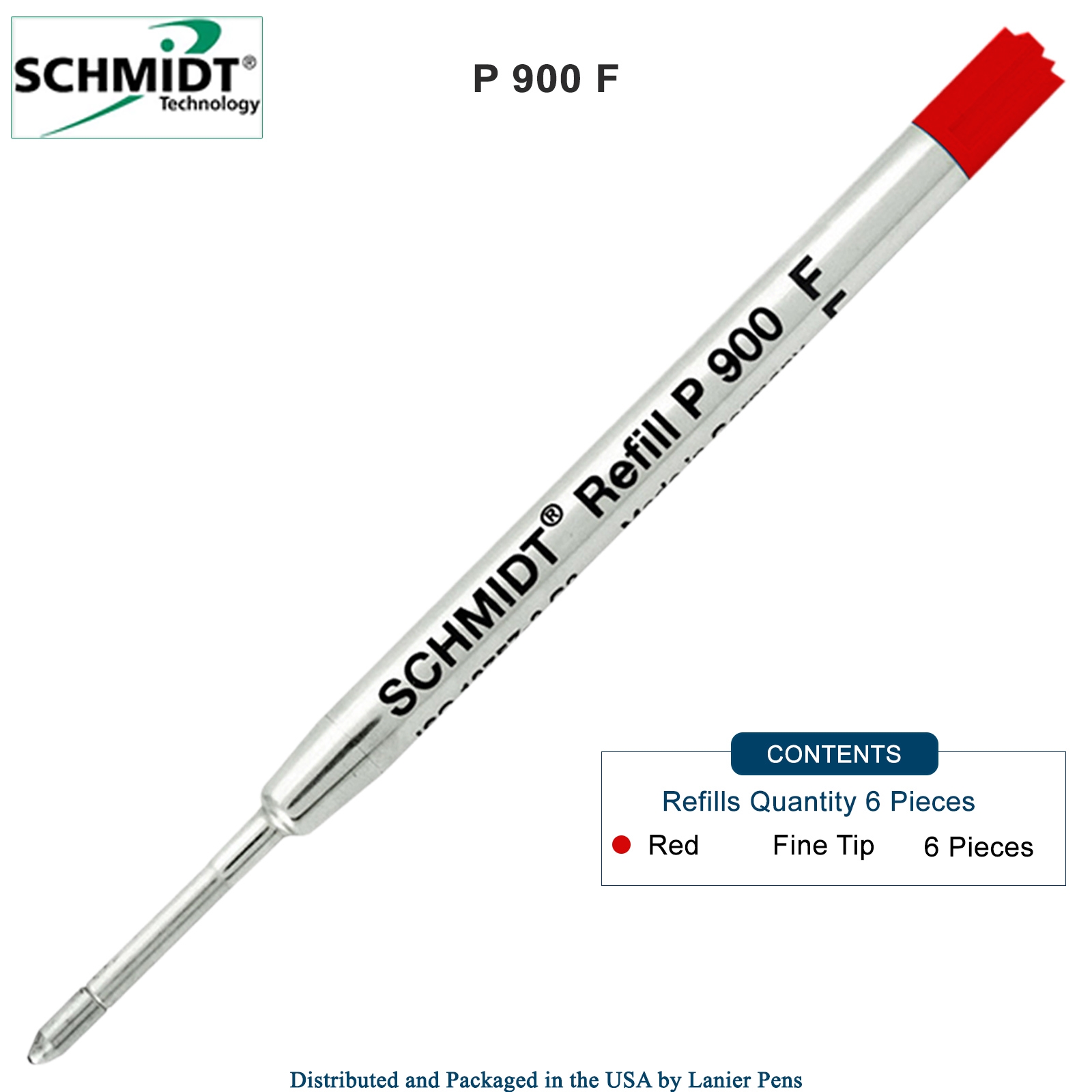 6 Pack - Schmidt P900 Red Fine Nib Parker Style Ballpoint Refill