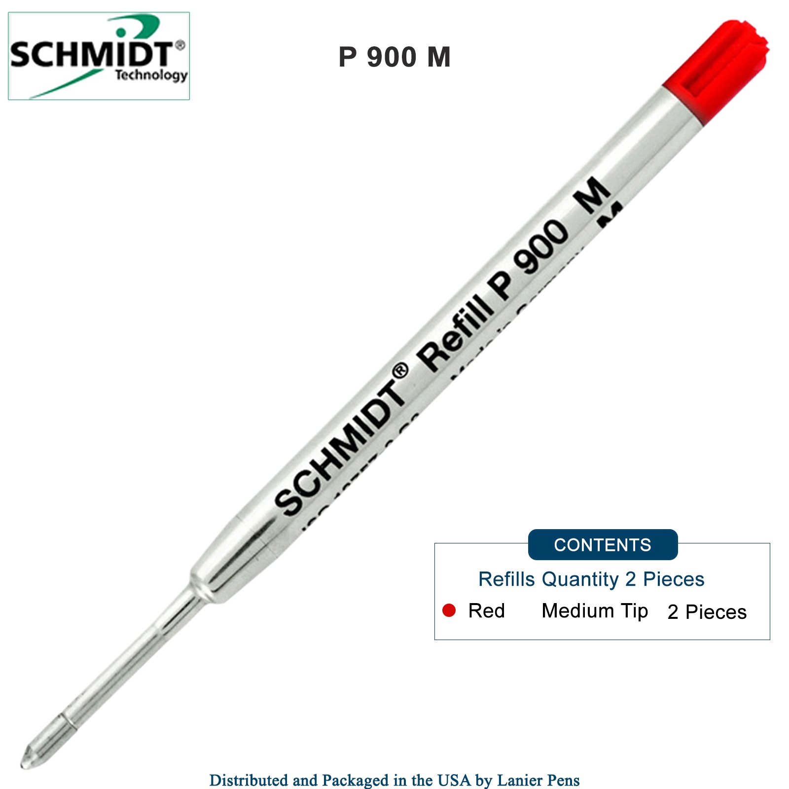 2 Pack - Schmidt P900 Red Medium Nib Parker Style Ballpoint Refill