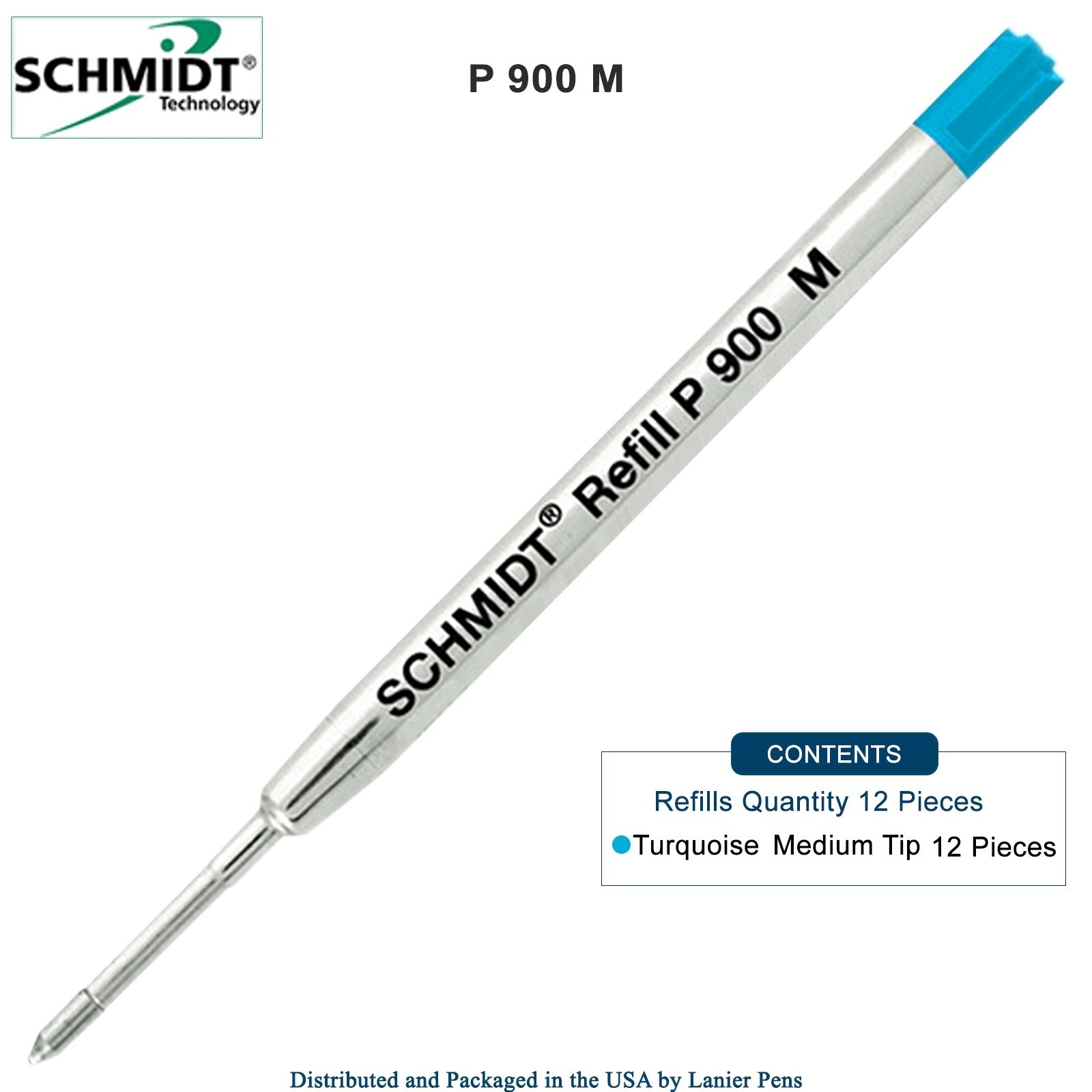 12 Pack - Schmidt P900 Turquoise Medium Nib Parker Style Ballpoint Refill