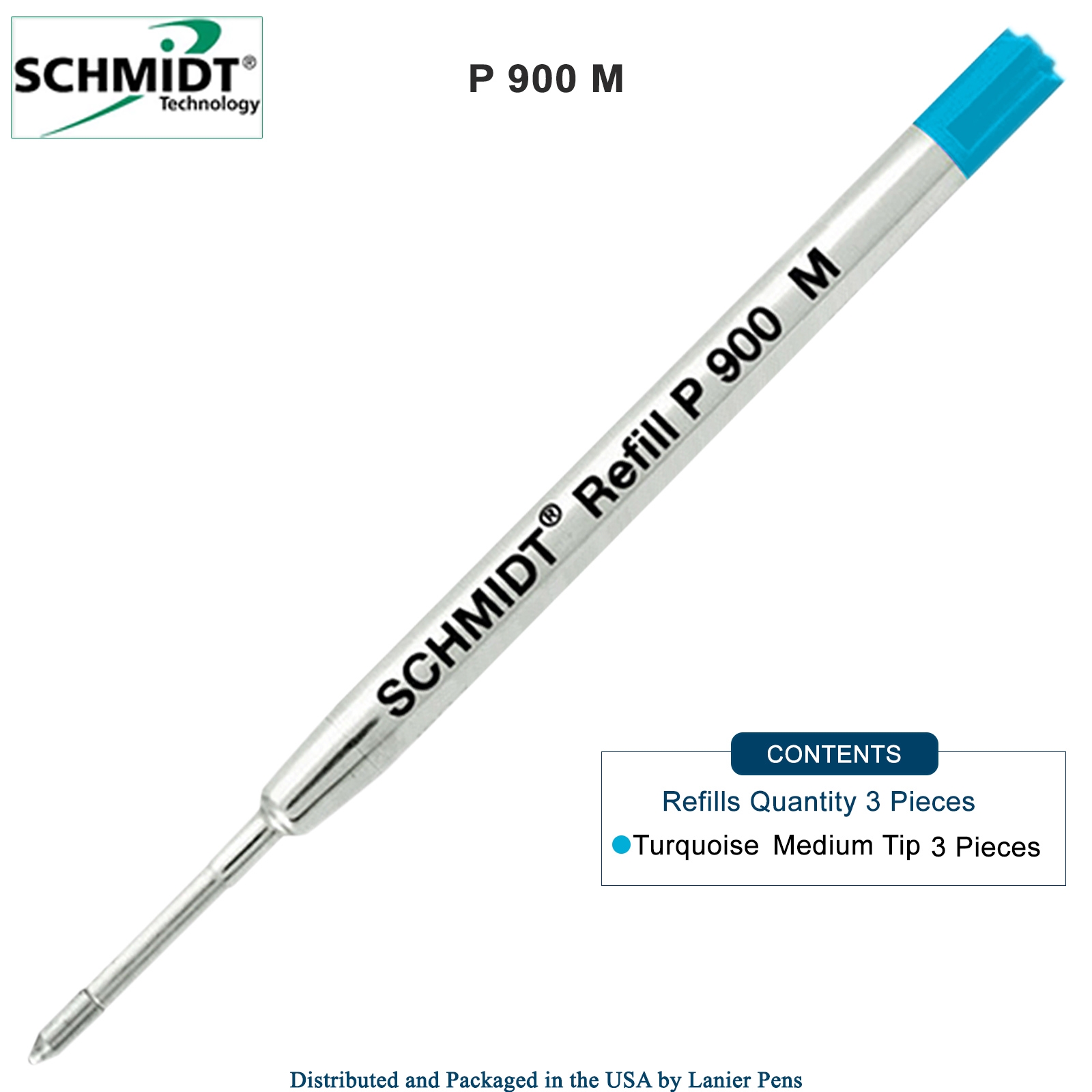 3 Pack - Schmidt P900 Turquoise Medium Nib Parker Style Ballpoint Refill