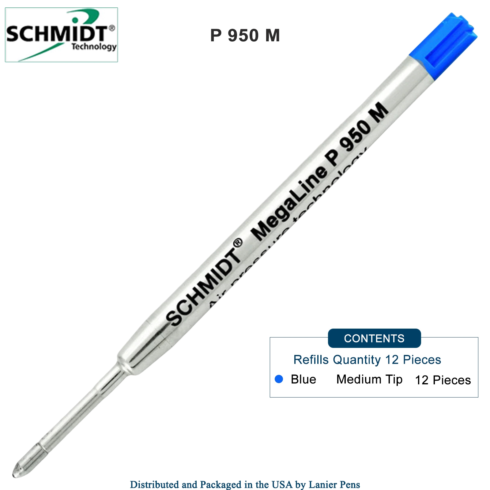 12 Pack - Schmidt P950 MegaLine Pressurized Ballpoint Refill - Blue
